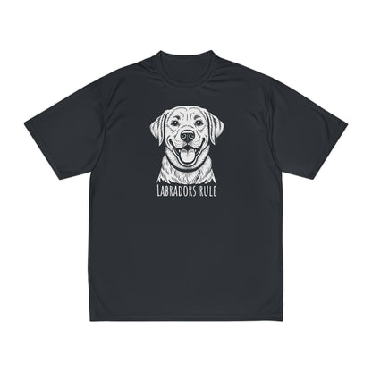 Black t-shirt with a white dog illustration and 'Labradors Rule' text on a white background