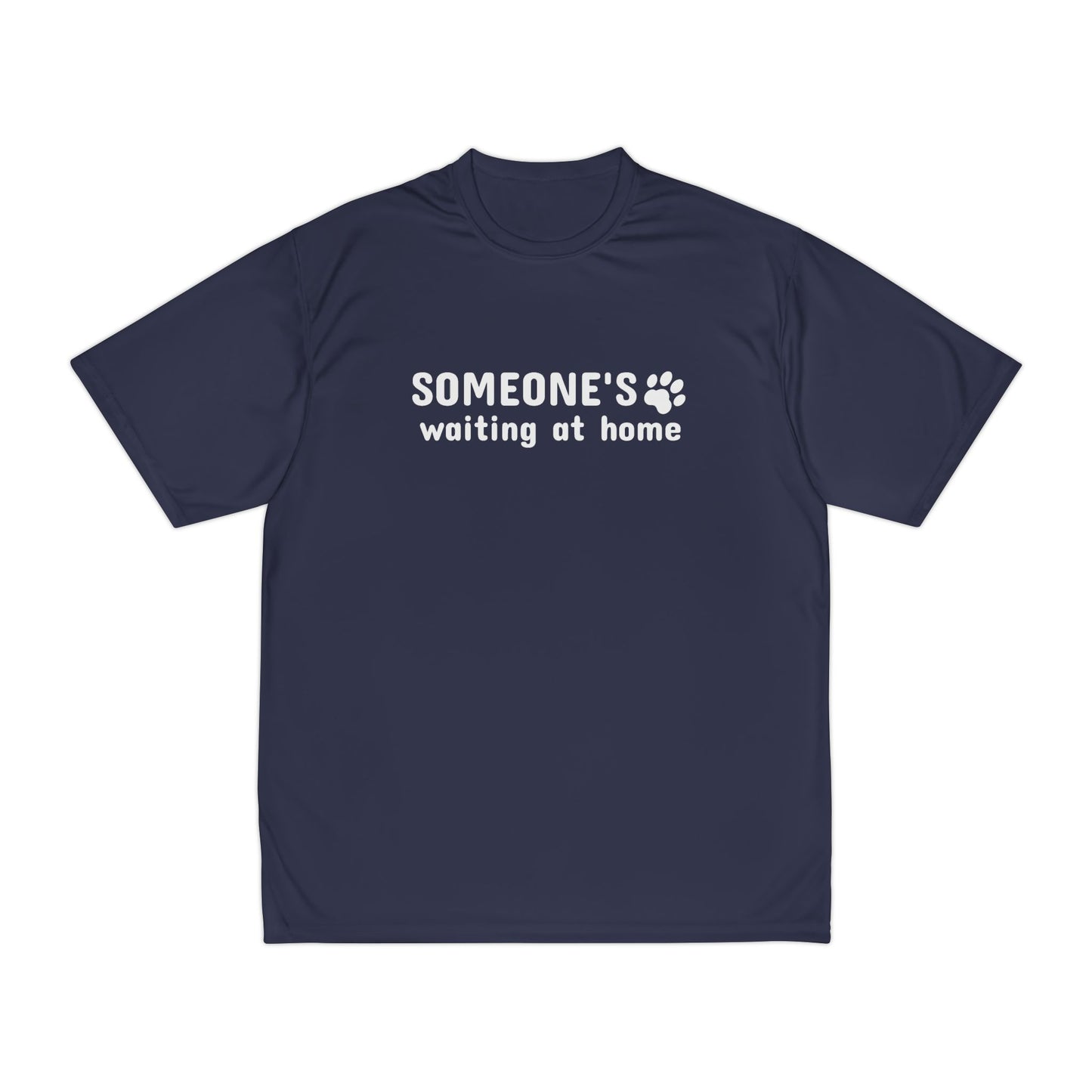 Navy blue t-shirt with white text and paw print on a white background