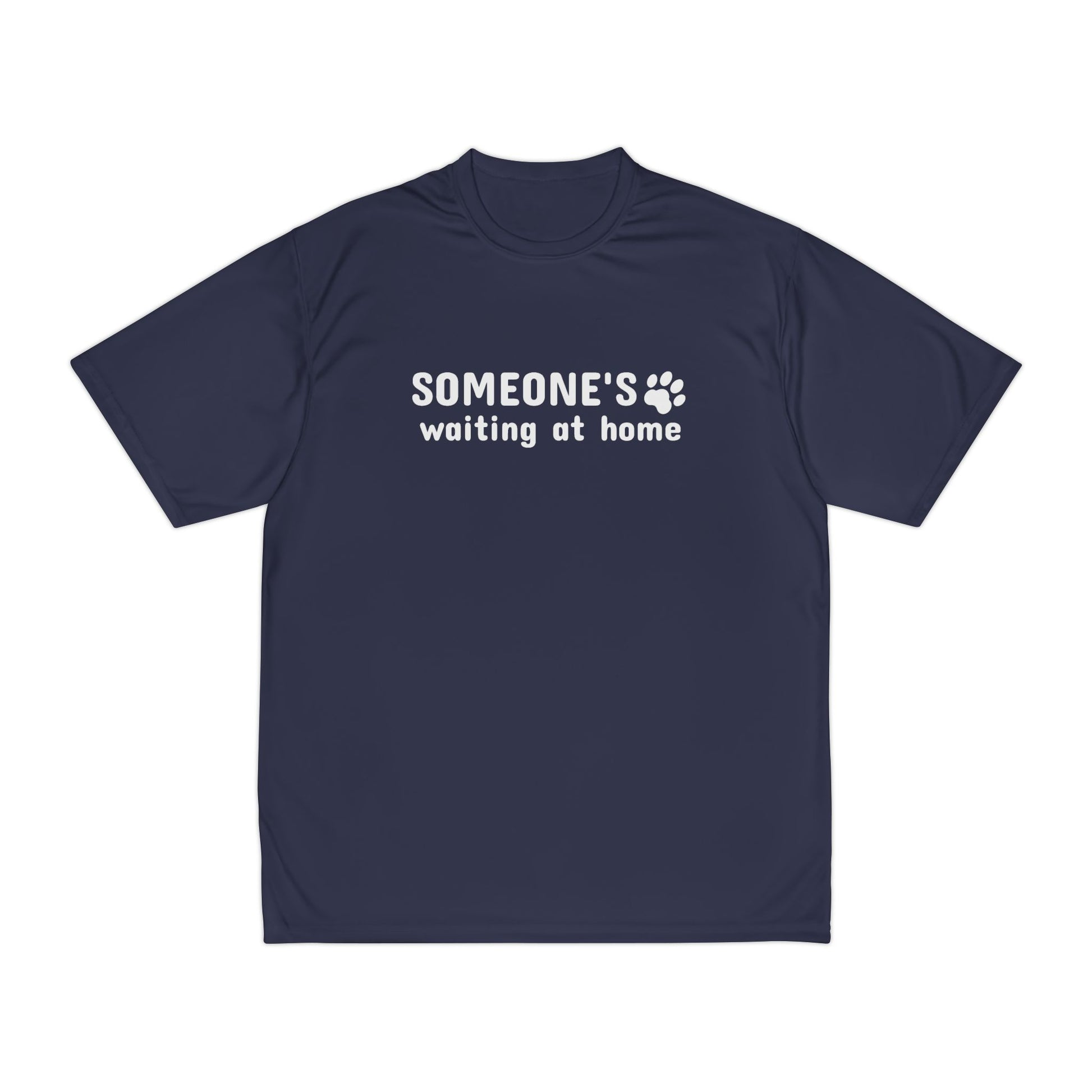 Navy blue t-shirt with white text and paw print on a white background