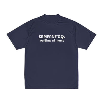 Navy blue t-shirt with white text and paw print on a white background