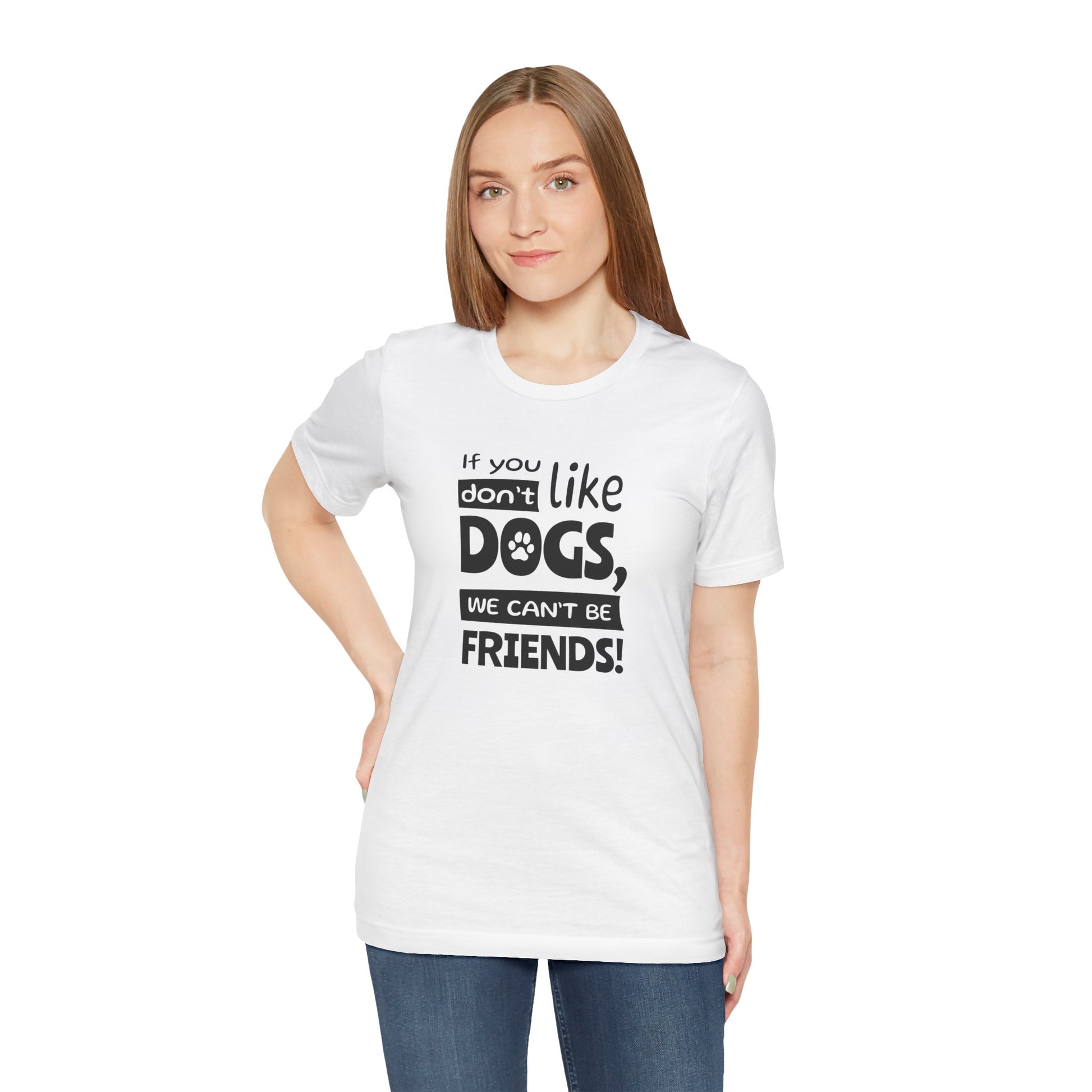 Woman wearing a white t-shirt with text on a white background