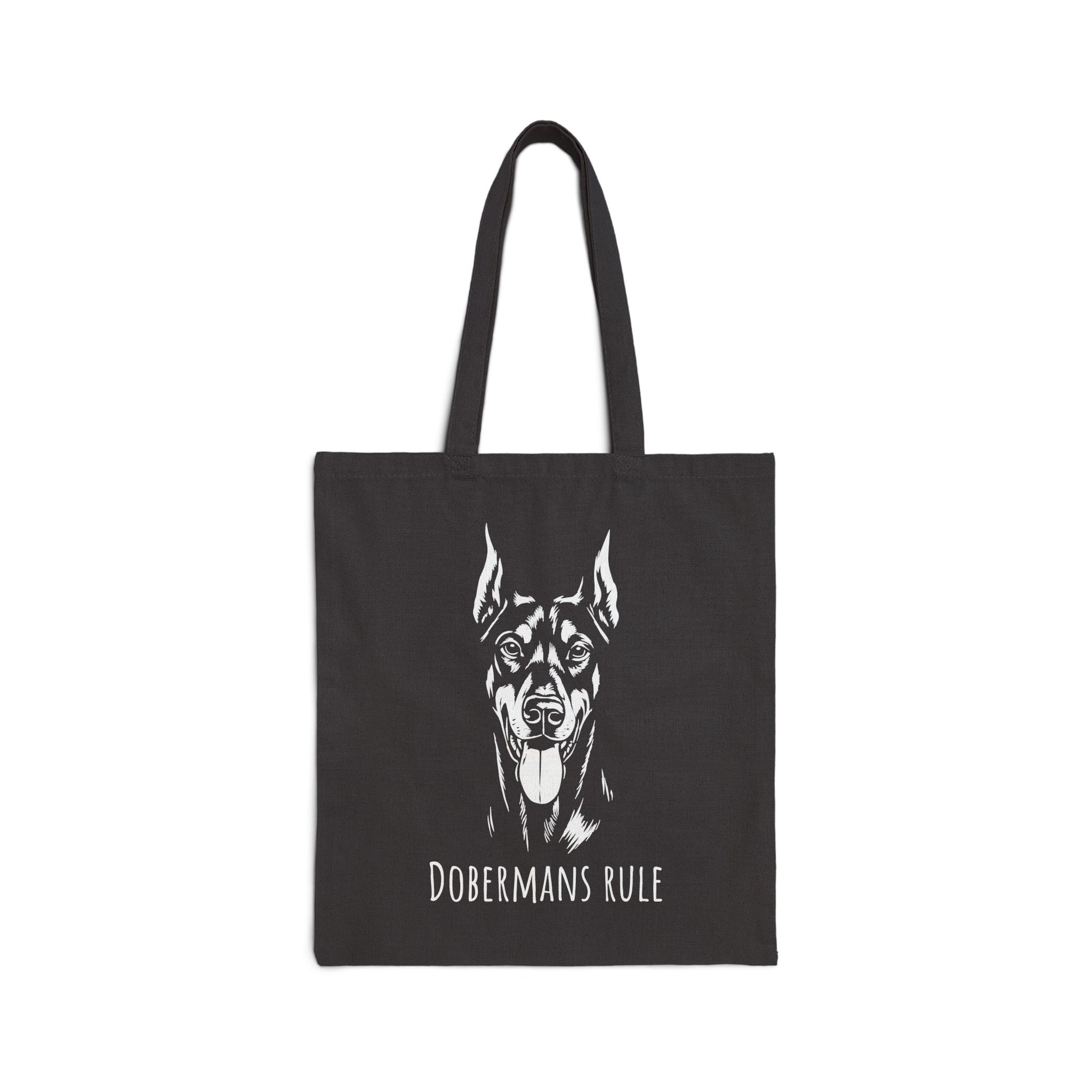 Black tote bag with a doberman graphic and 'Dobermans Rule' text on a white background