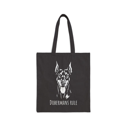 Black tote bag with a doberman graphic and 'Dobermans Rule' text on a white background