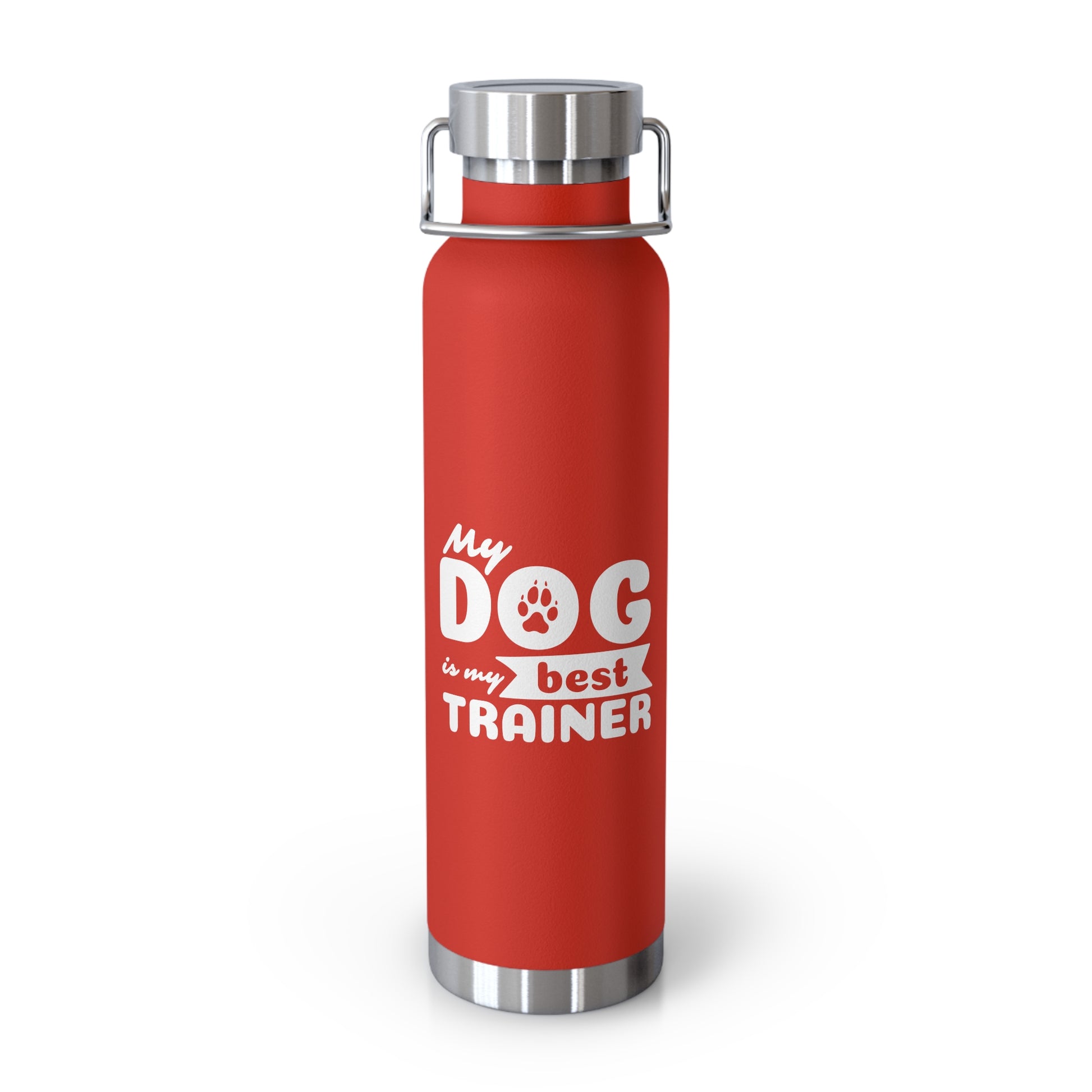 Red water bottle with 'My dog is my best trainer' text on a white background