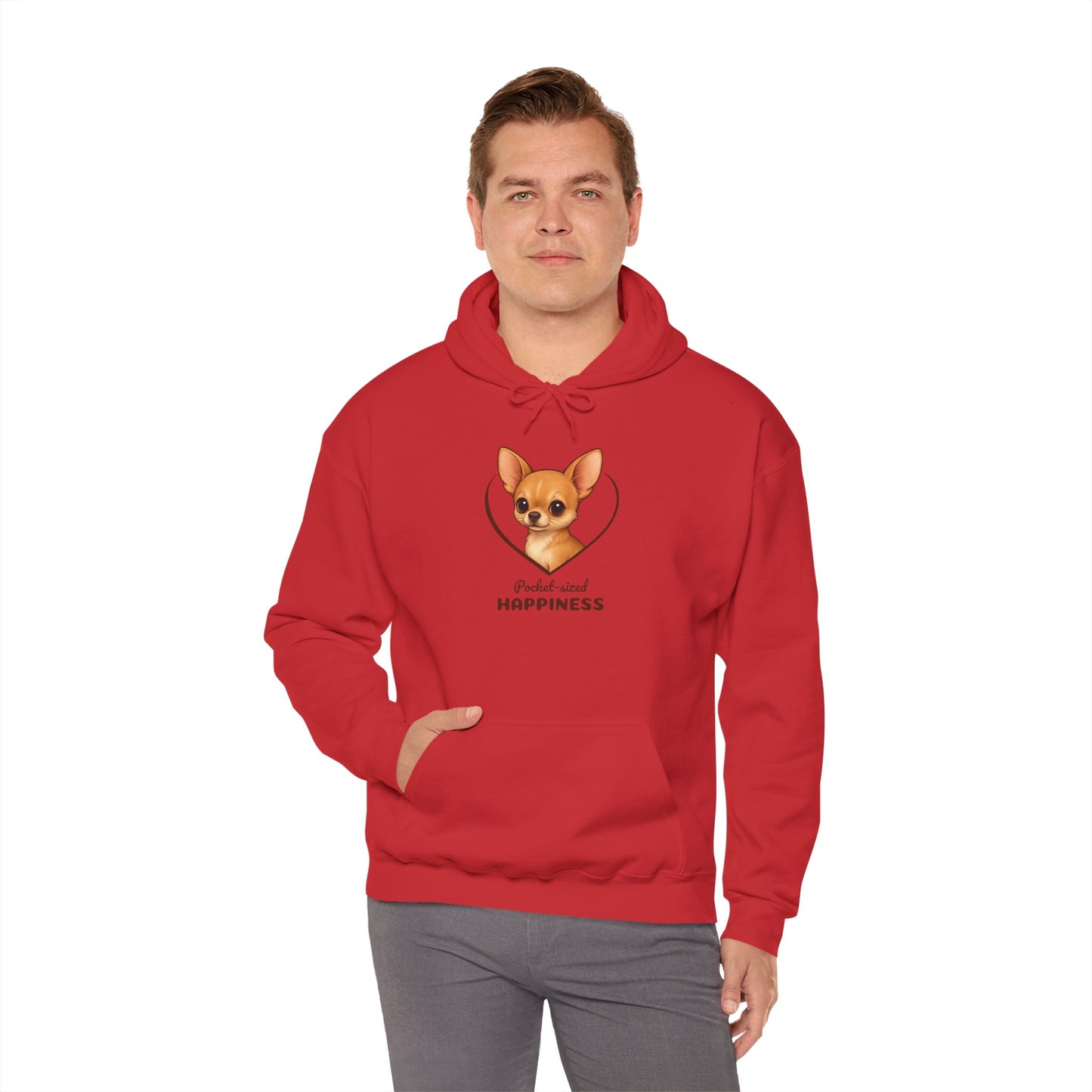 Person wearing a red hoodie with a dog graphic and text on a white background