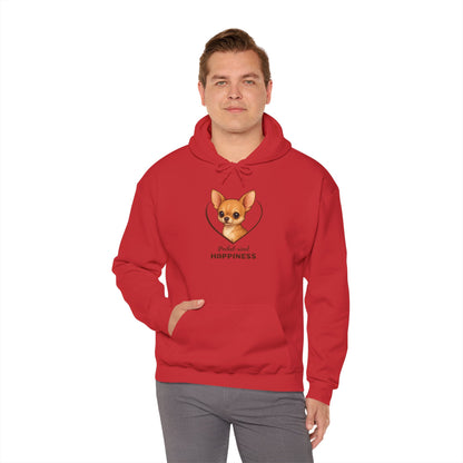 Person wearing a red hoodie with a dog graphic and text on a white background