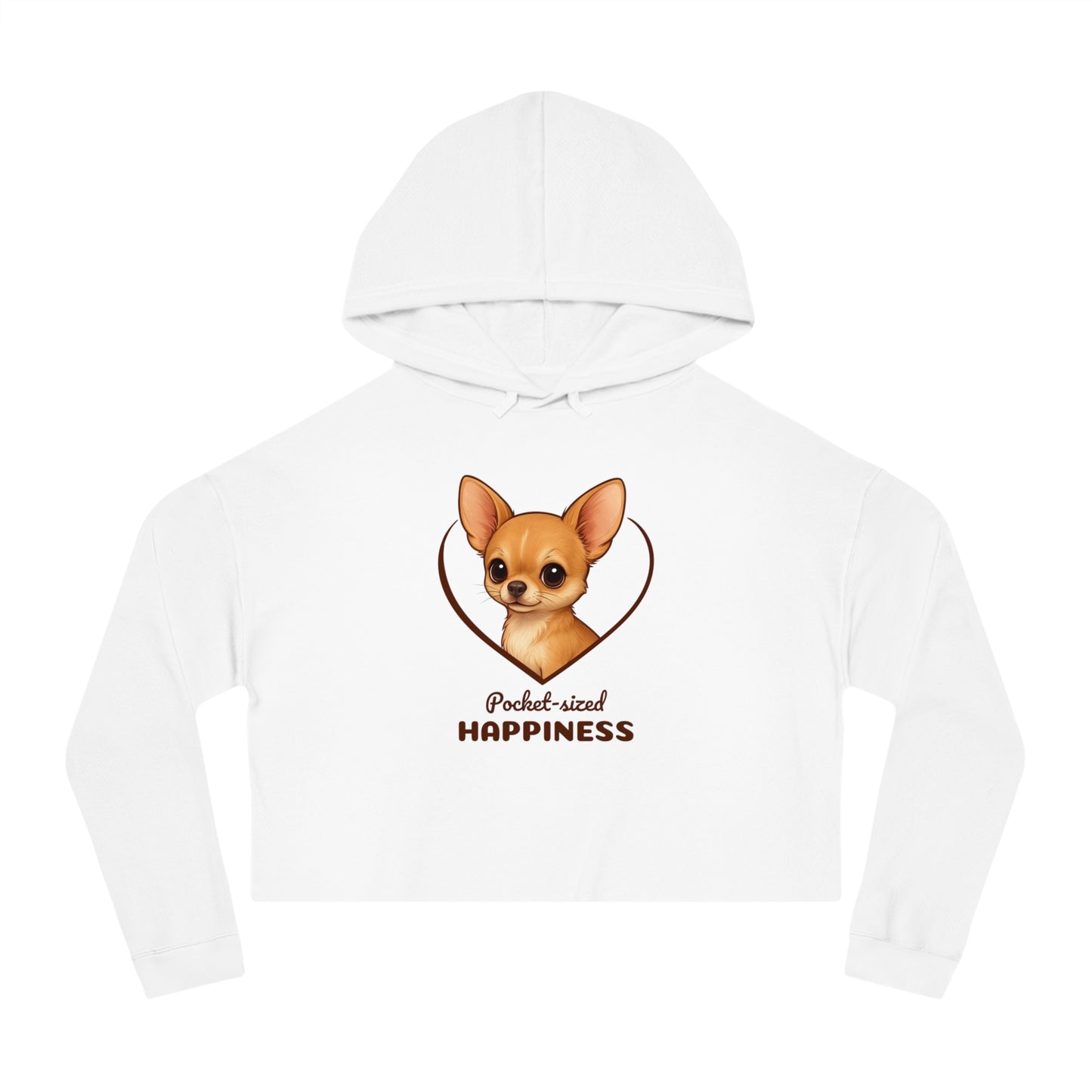 White hoodie with a dog graphic and 'Puppy-nized Happiness' text on a white background