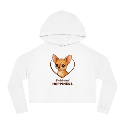 White hoodie with a dog graphic and 'Puppy-nized Happiness' text on a white background