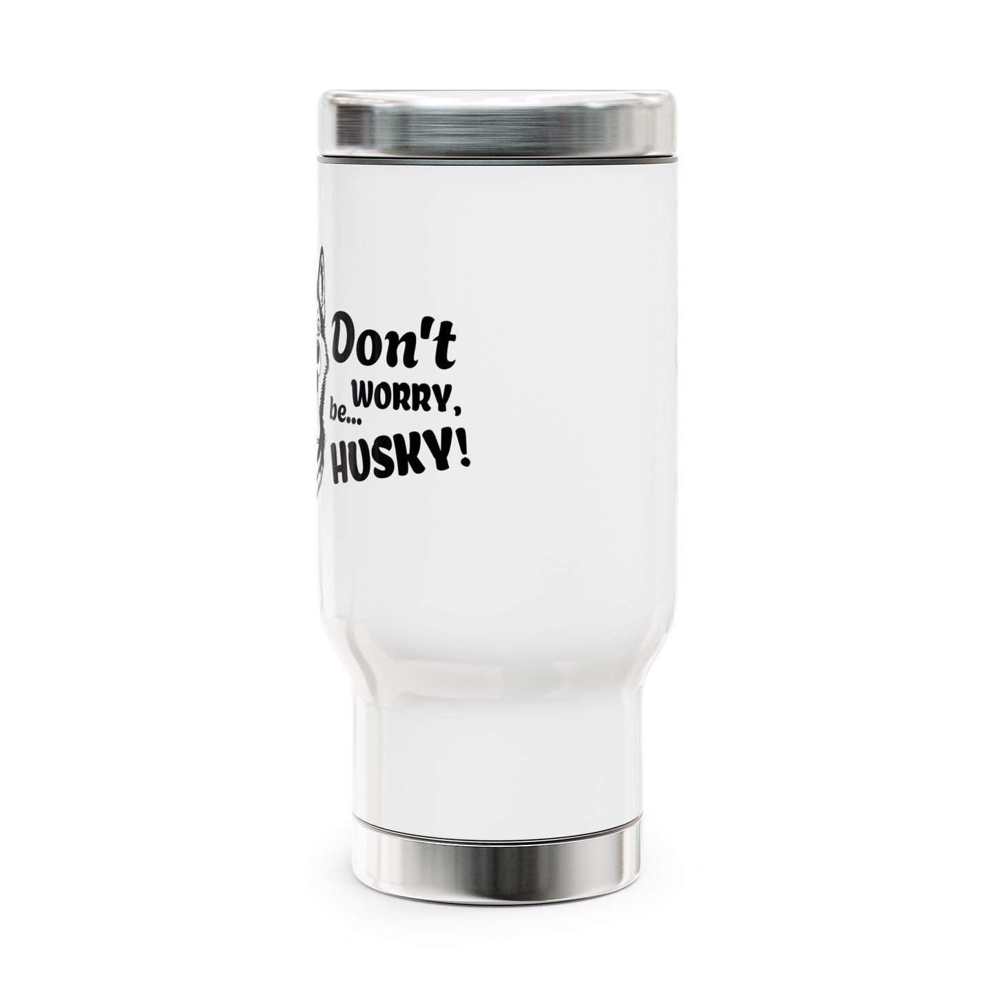 White tumbler with black text on a white background
