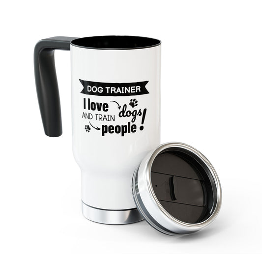 White travel mug with black text and handle on a white background