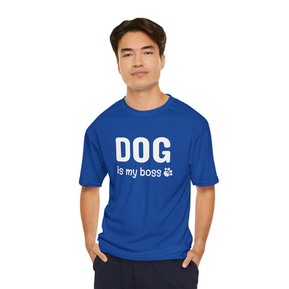 Man wearing a blue t-shirt with 'DOG is my boss' text on a white background