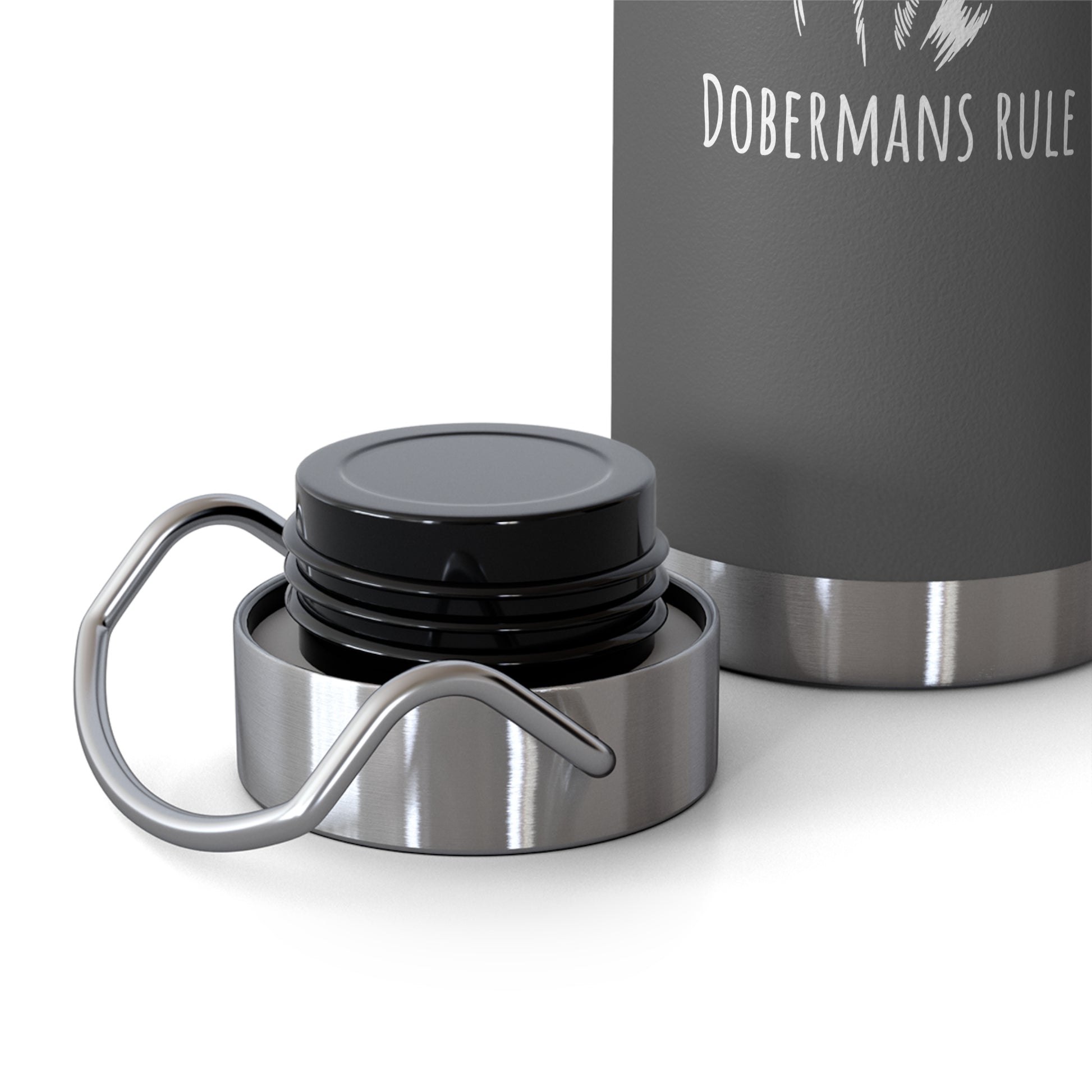 Stainless steel water bottle with black cap and carabiner on a white background