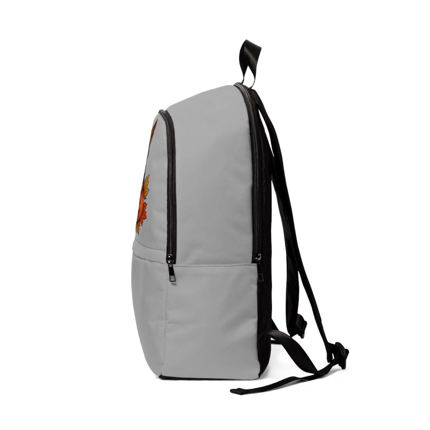 Gray backpack with black straps on a white background