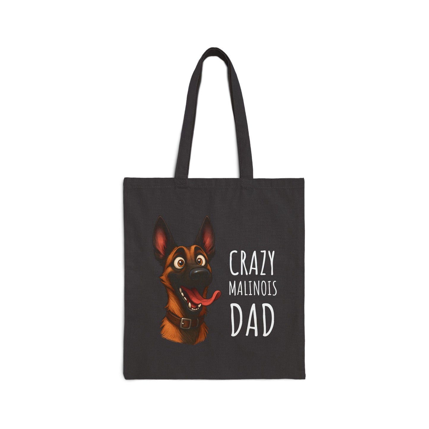 Black tote bag with a dog illustration and text on a white background