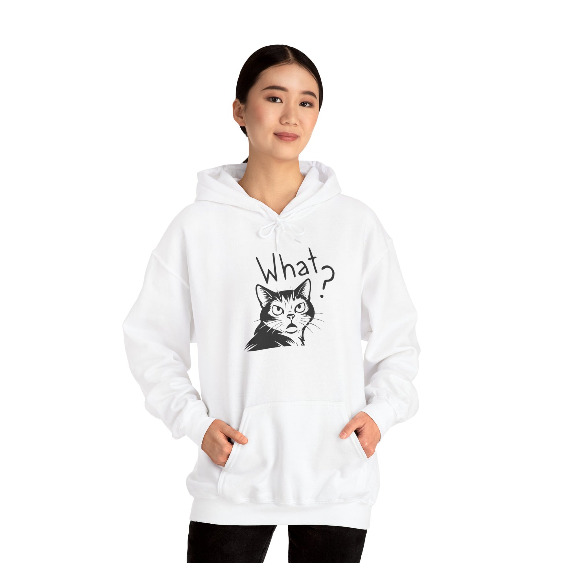 Person wearing a white hoodie with a cat graphic and text on a white background