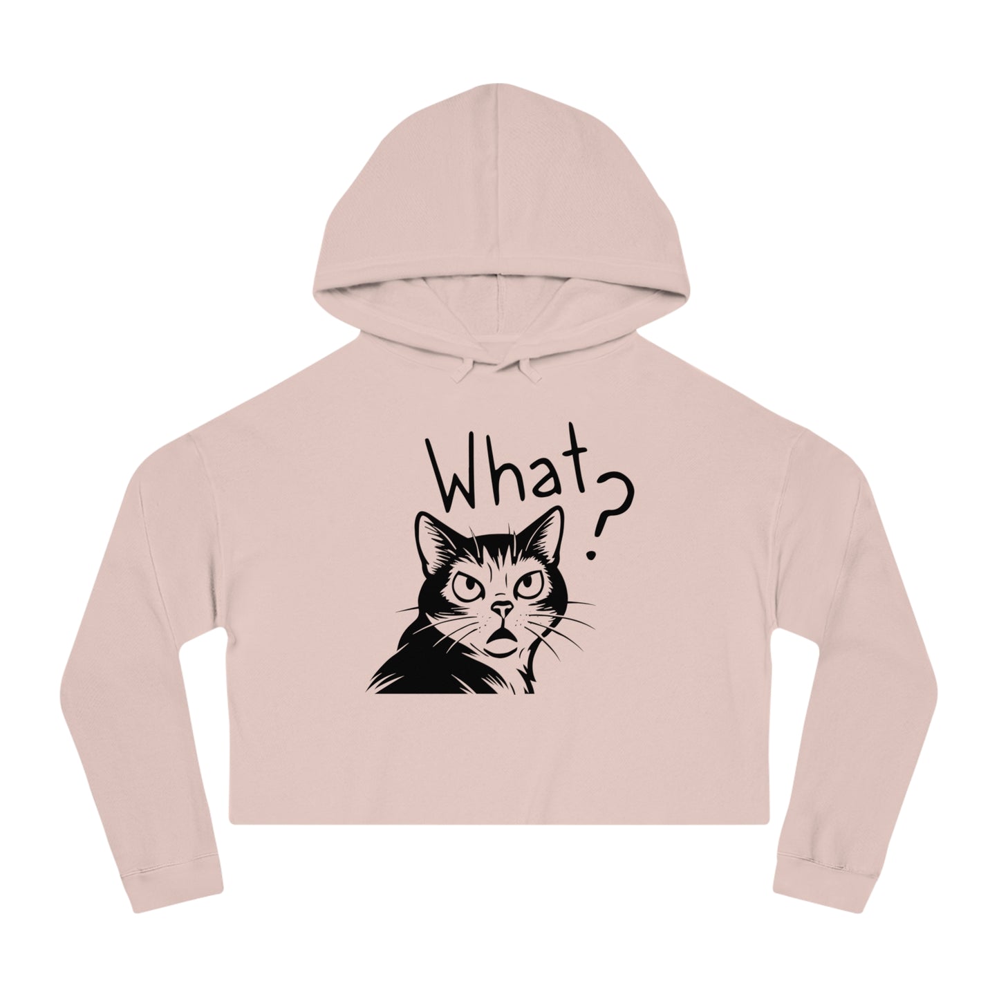 Pink cropped hoodie with a cat graphic and 'What?' text on a white background