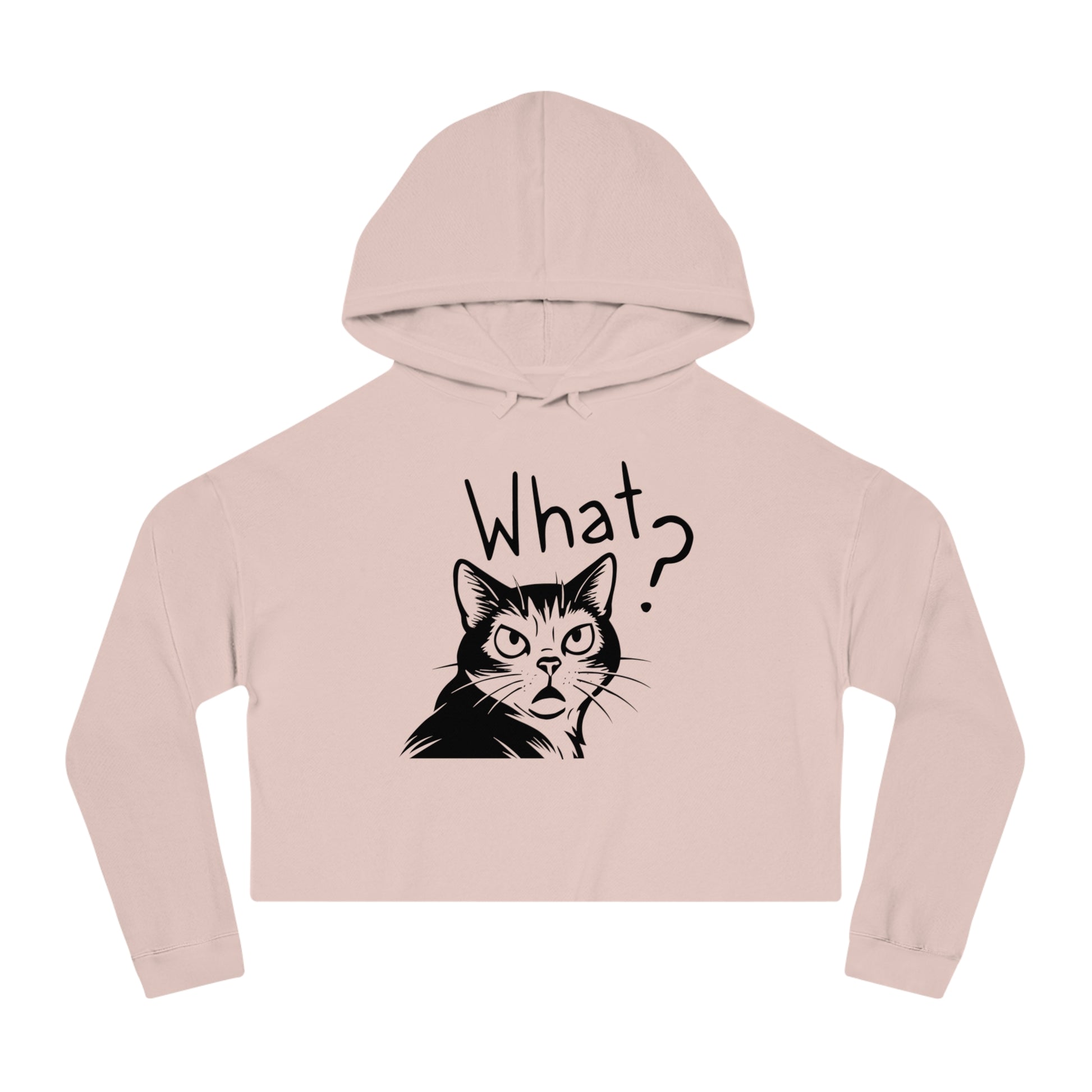Pink cropped hoodie with a cat graphic and 'What?' text on a white background
