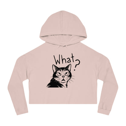 Pink cropped hoodie with a cat graphic and 'What?' text on a white background