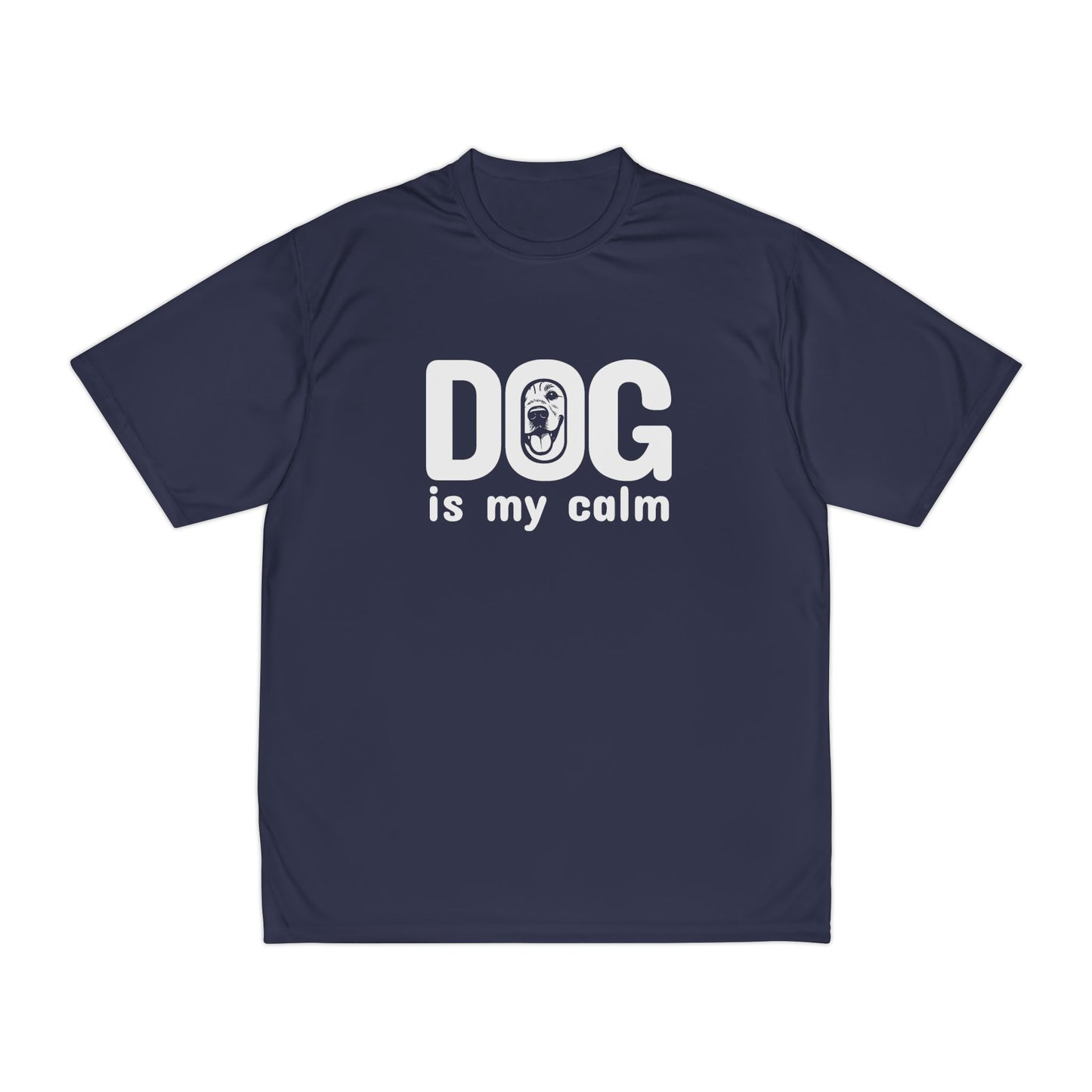 Navy blue t-shirt with 'DOG is my calm' text on a white background