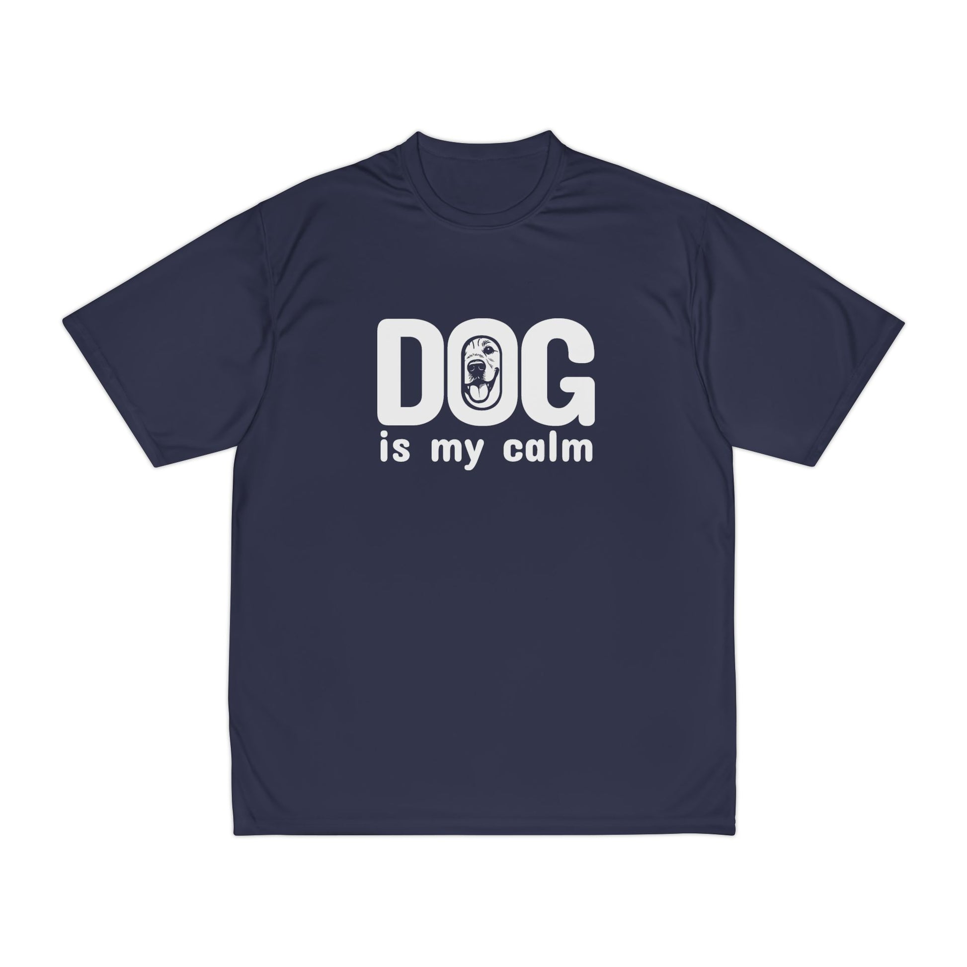 Navy blue t-shirt with 'DOG is my calm' text on a white background