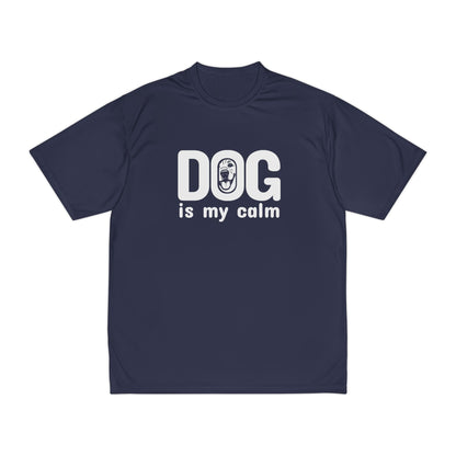 Navy blue t-shirt with 'DOG is my calm' text on a white background