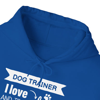 Blue hoodie with 'Dog Trainer' text on a white background