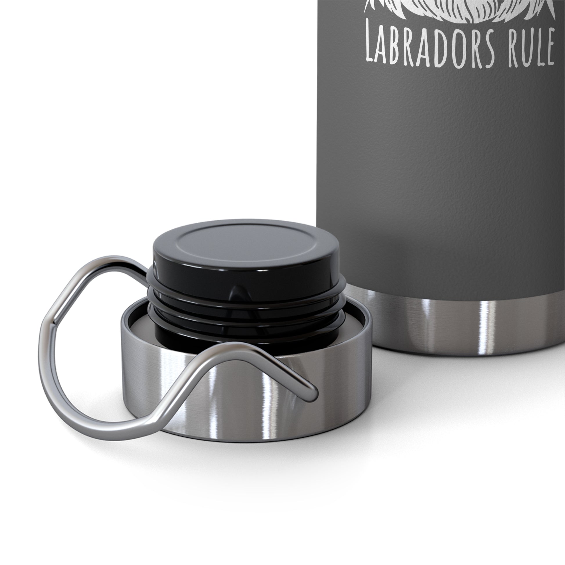 Gray insulated bottle with black cap and 'Labradors Rule' text on a white background