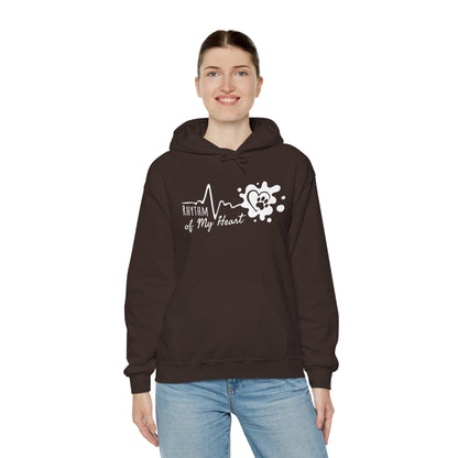 Person wearing a brown hoodie with a graphic design on a white background