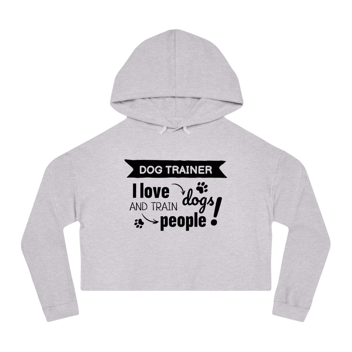 Gray cropped hoodie with 'Dog Trainer' text on a white background