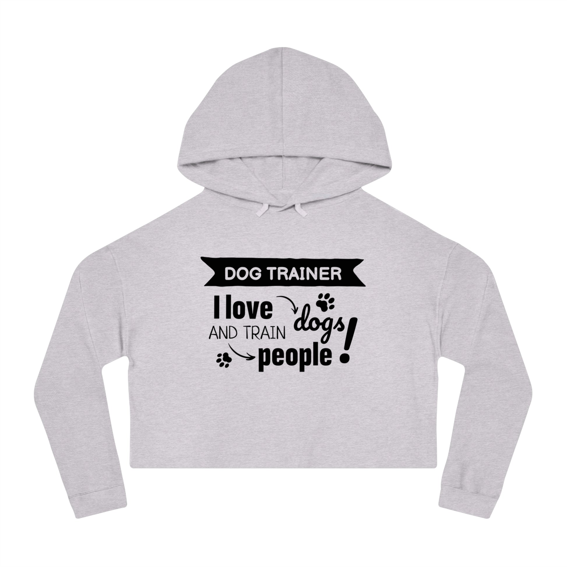 Gray cropped hoodie with 'Dog Trainer' text on a white background