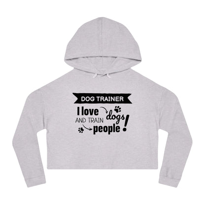 Gray cropped hoodie with 'Dog Trainer' text on a white background