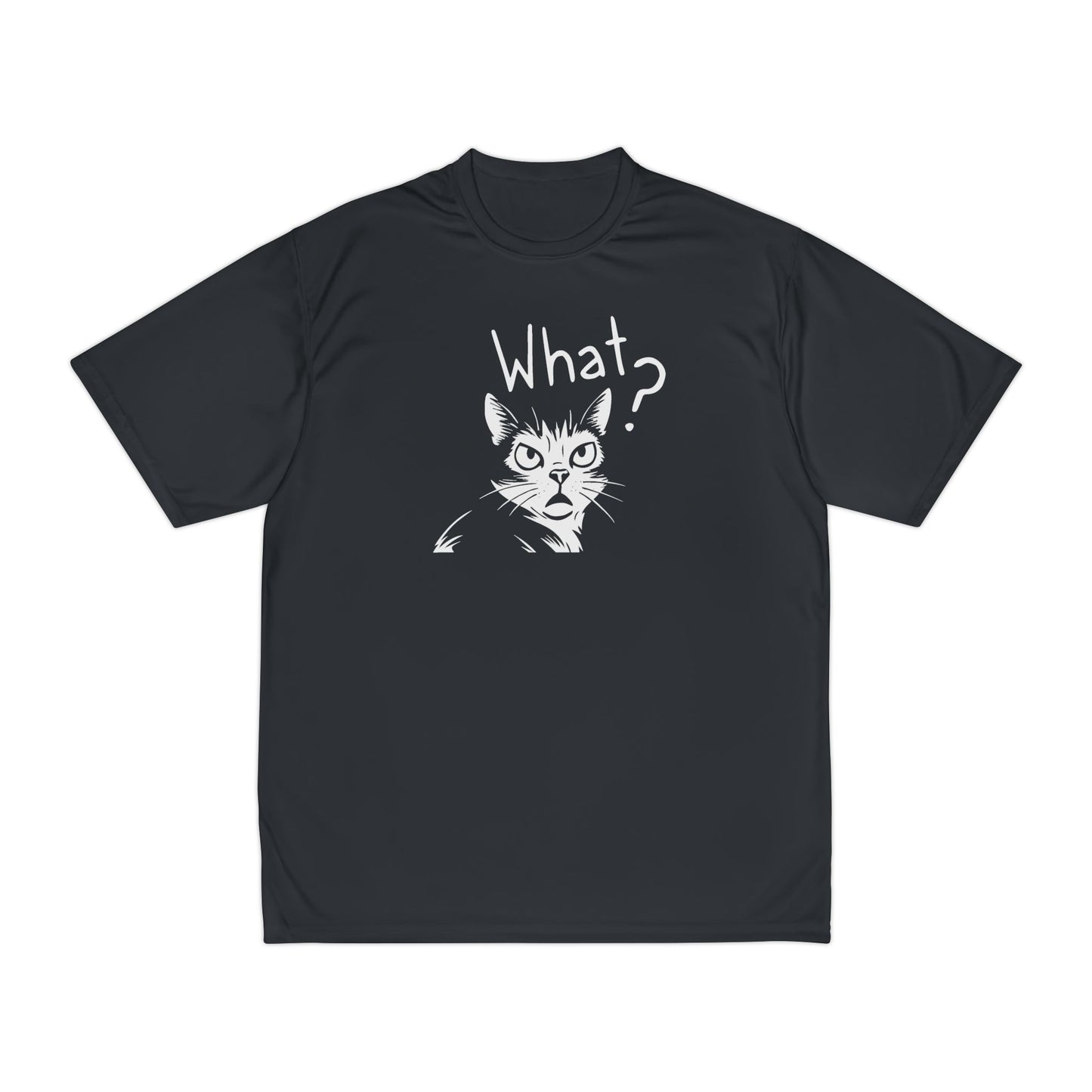 Black t-shirt with a cat graphic and 'What?' text on a white background