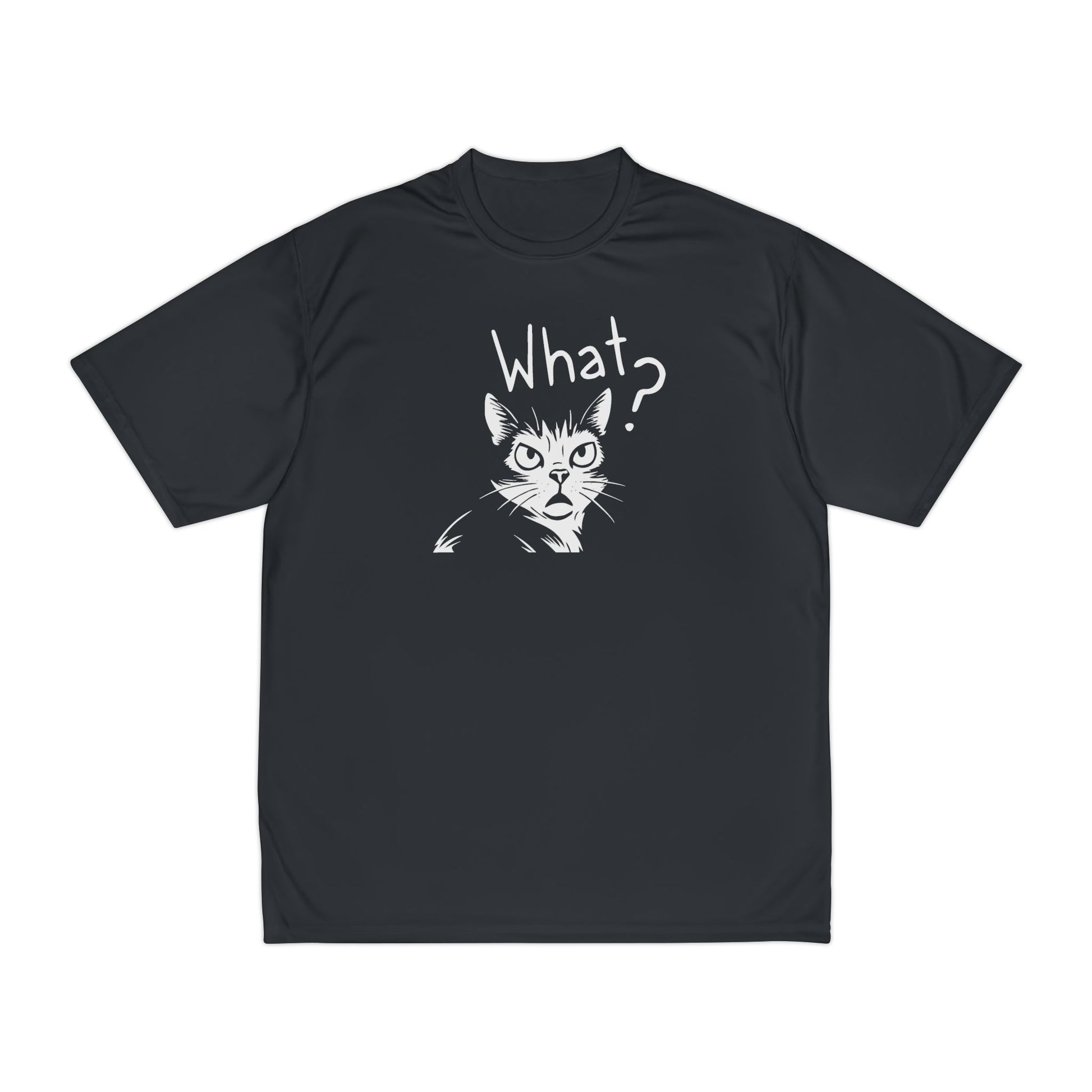 Black t-shirt with a cat graphic and 'What?' text on a white background