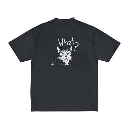 Black t-shirt with a cat graphic and 'What?' text on a white background