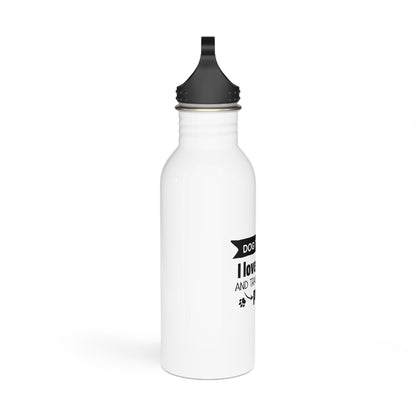 White water bottle with black cap and text on a white background