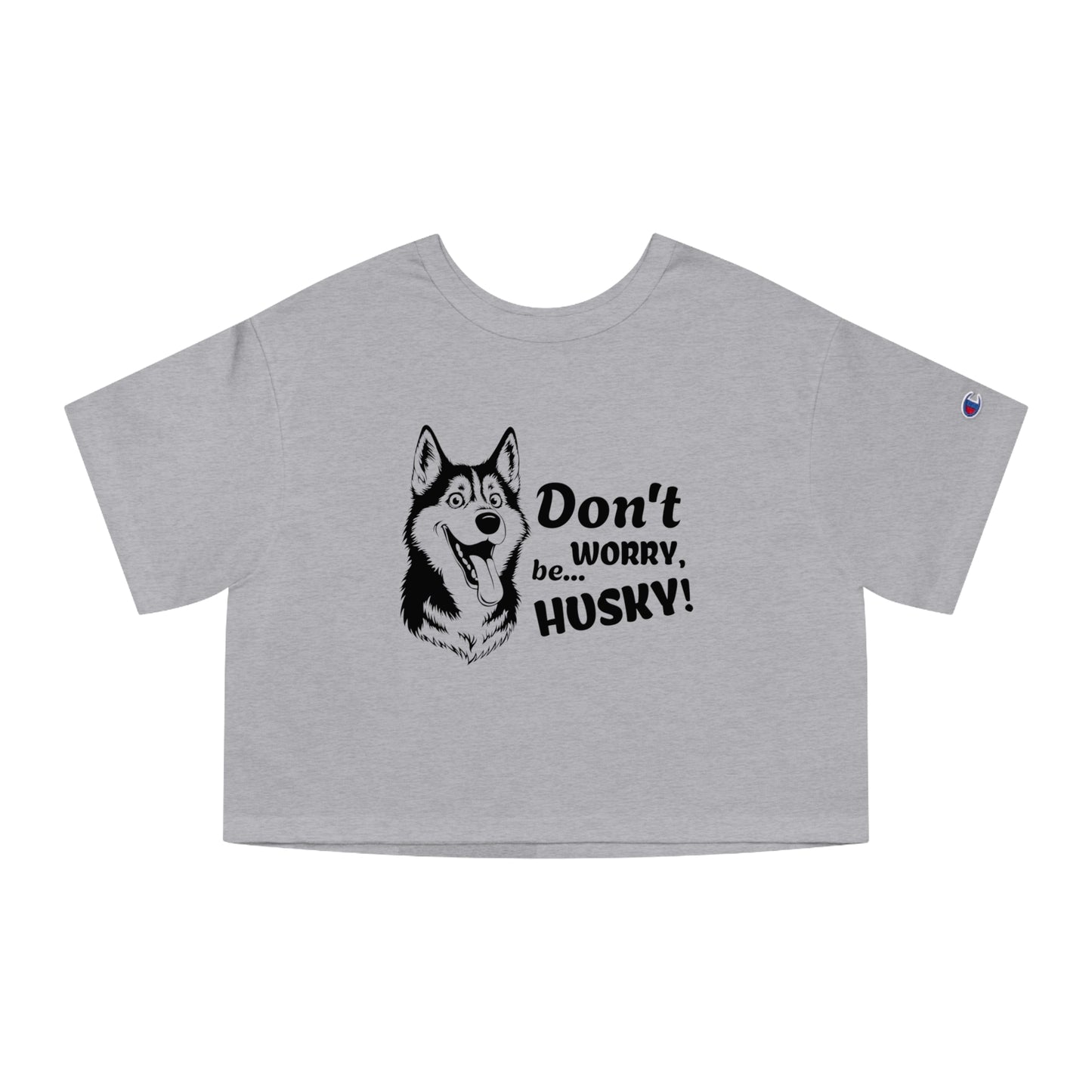 Gray t-shirt with husky graphic and text on a white background