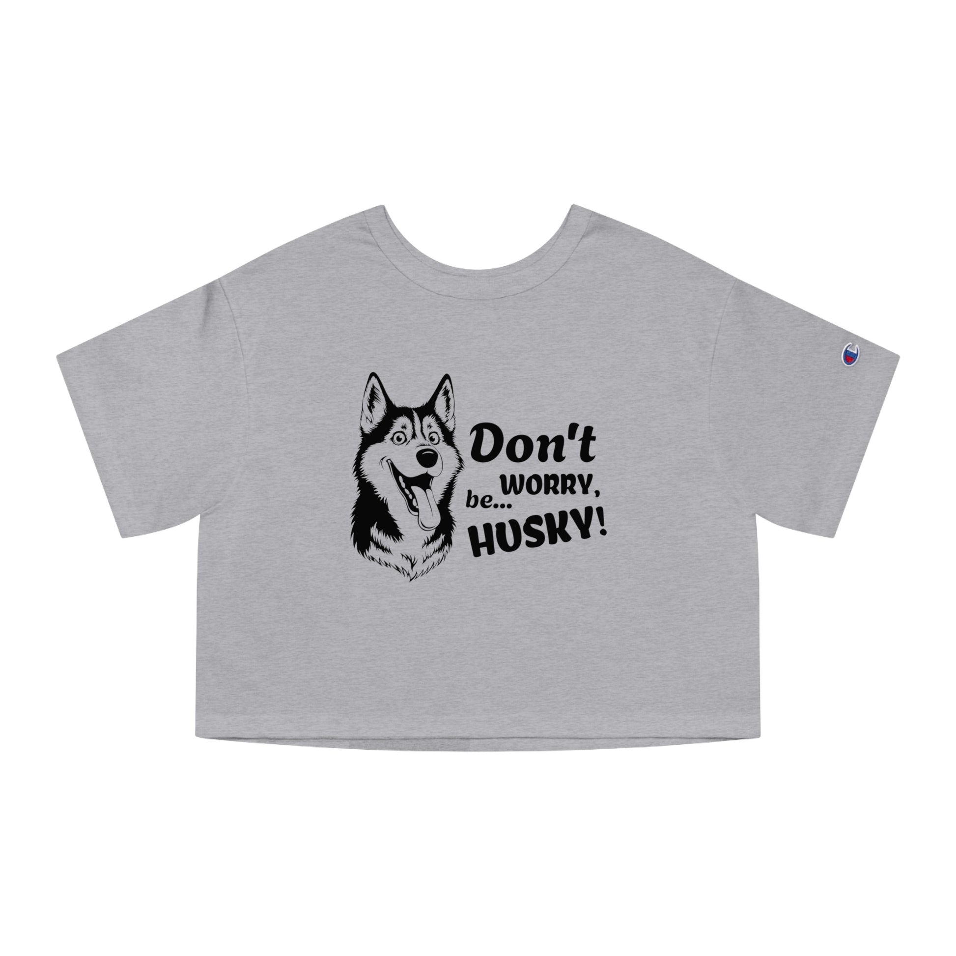 Gray t-shirt with husky graphic and text on a white background