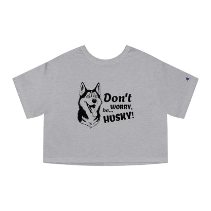 Gray t-shirt with husky graphic and text on a white background