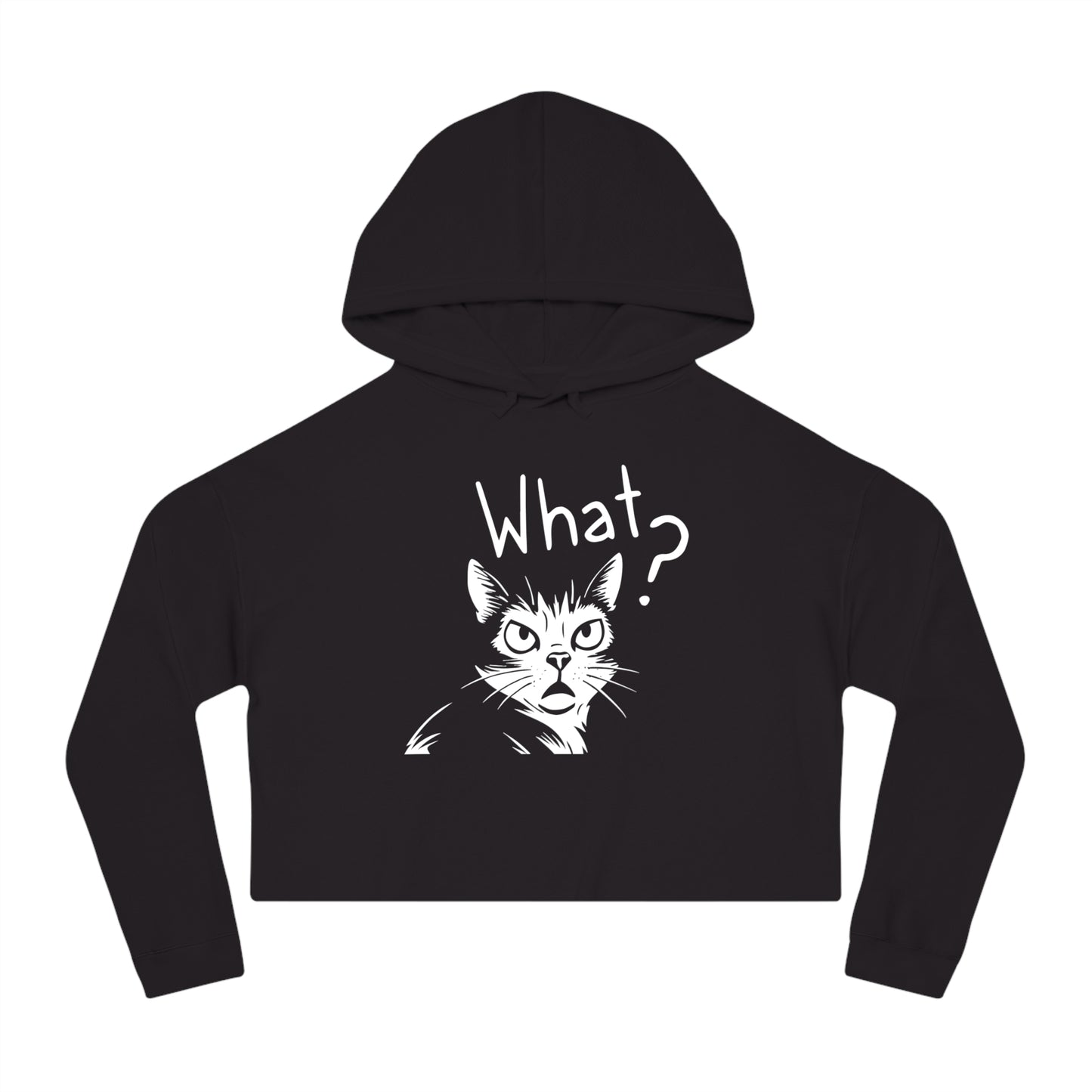 Black cropped hoodie with a cat graphic and 'What?' text on a white background