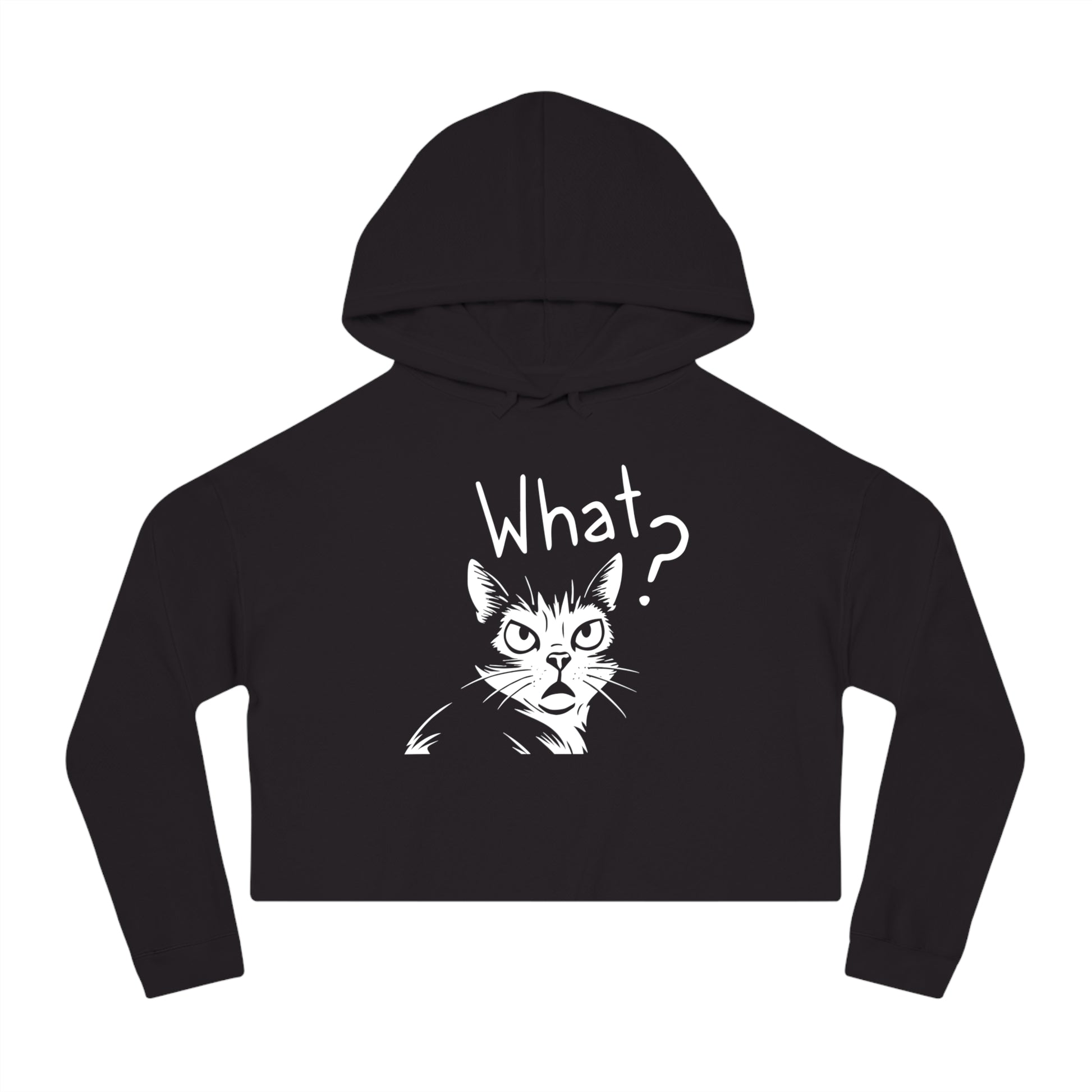 Black cropped hoodie with a cat graphic and 'What?' text on a white background