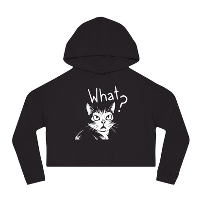 Black cropped hoodie with a cat graphic and 'What?' text on a white background