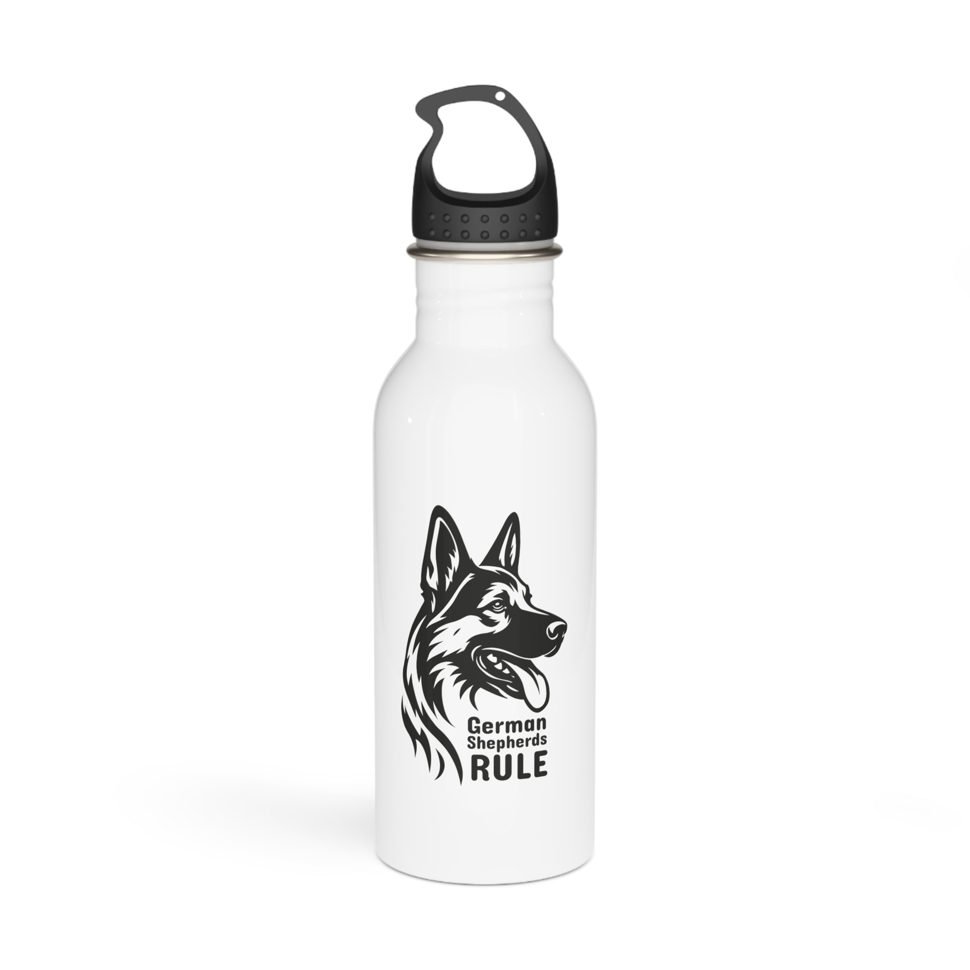 White water bottle with black German Shepherd design and 'German Shepherds Rule' text on a white background