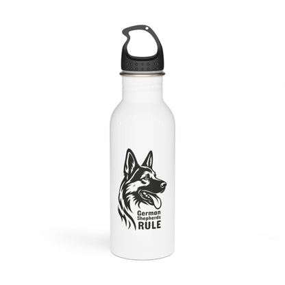 White water bottle with black German Shepherd design and 'German Shepherds Rule' text on a white background