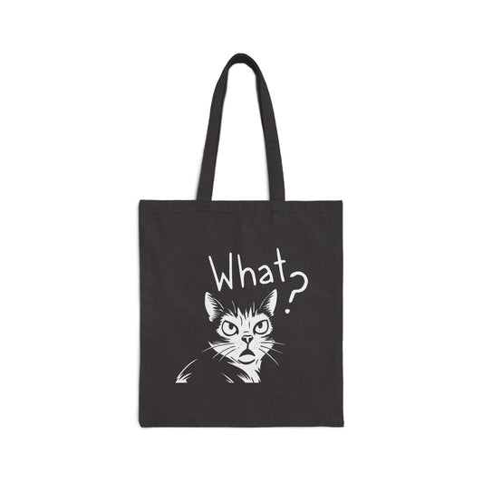 Black tote bag with a cat graphic and 'What?' text on a white background