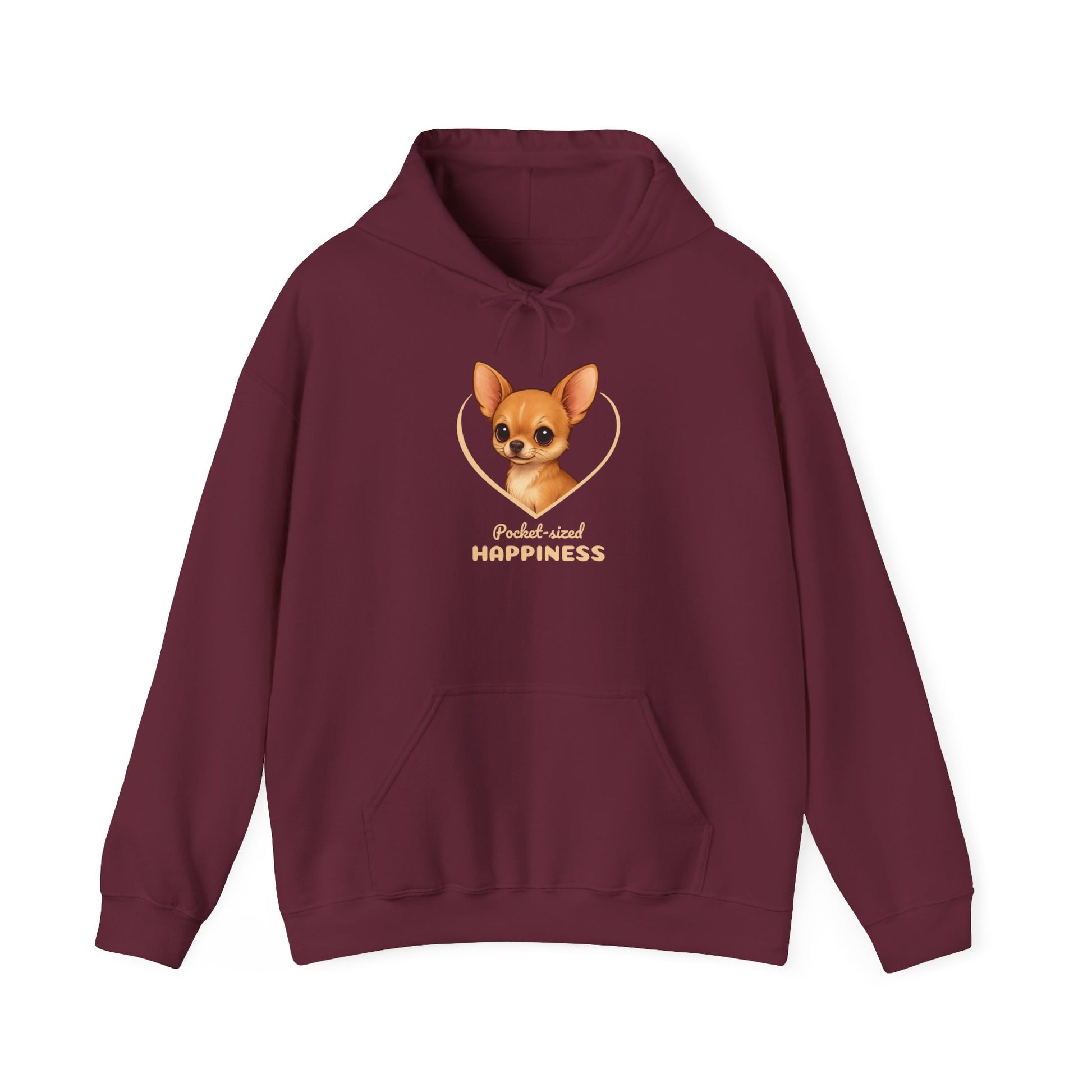 Maroon hoodie with a dog illustration and text on a white background