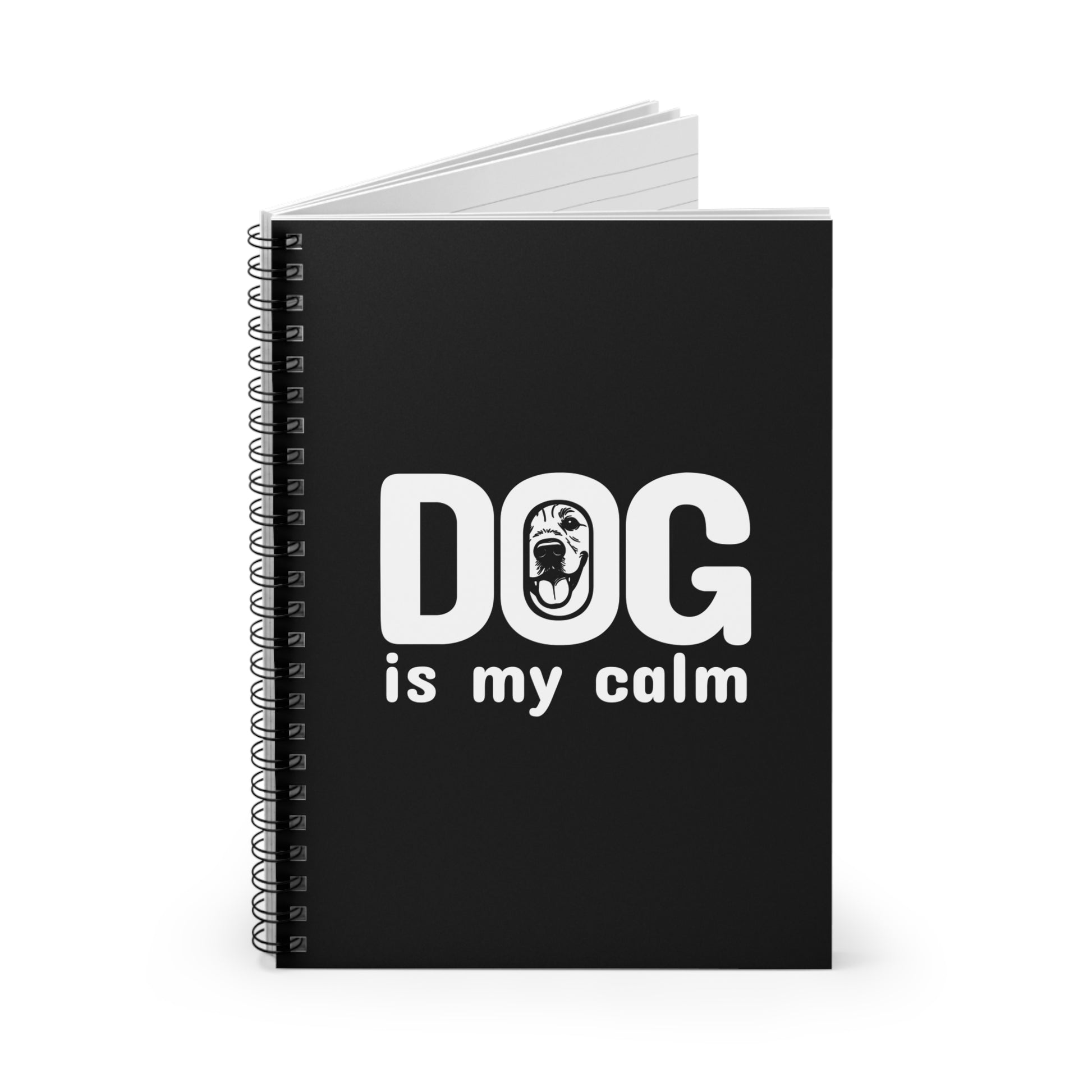 Black notebook with 'DOG is my calm' text on a white background