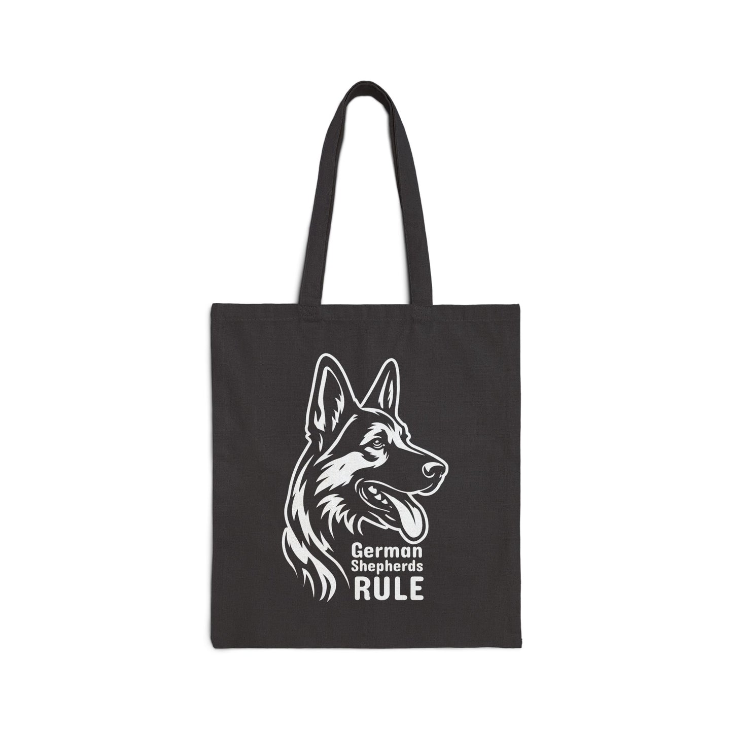 Black tote bag with a white German Shepherd design and 'German Shepherds Rule' text on a white background