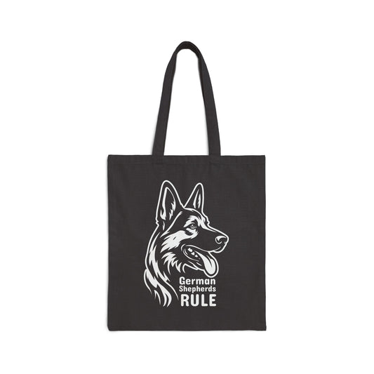 Black tote bag with a white German Shepherd design and 'German Shepherds Rule' text on a white background