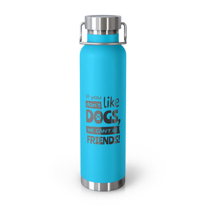Blue water bottle with text on a white background