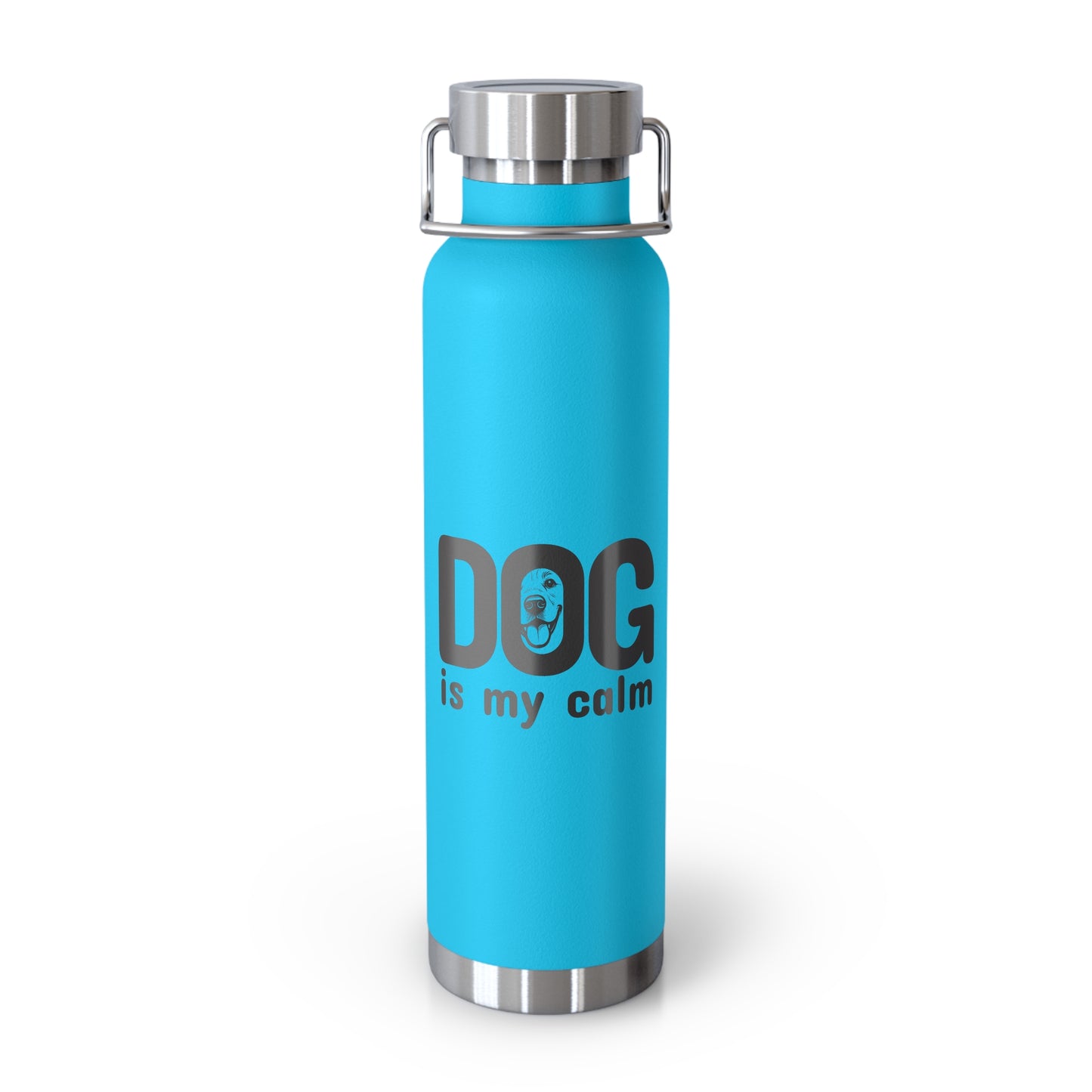 Blue water bottle with 'DOG is my calm' text on a white background
